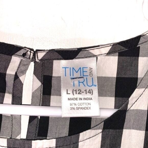 Time And Tru L Black & White Gingham Peplum Sleeveless Top - Picture 2 of 7